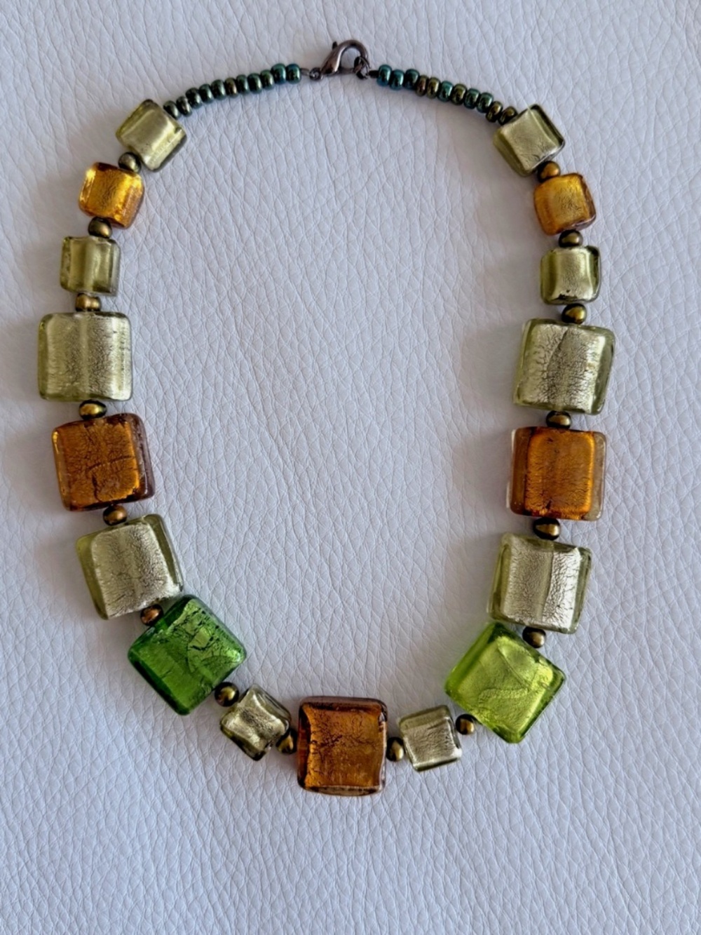Murano Glass Necklace Square Foil Art Glass Beads Green Gold Amber Italy Vintage - Picture 4 of 8